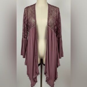 Boho Mauve Lace Mesh Cardigan Romantic Cottagecore Bell Sleeve Kimono Prairie M